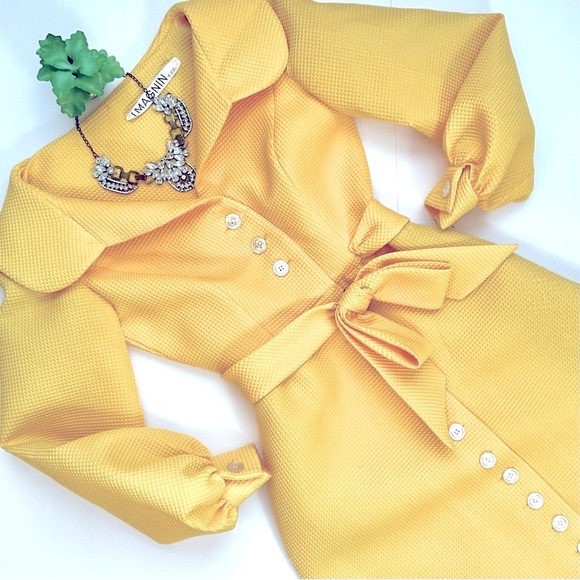 Vintage 1960s I. Magnin Studio Six Yellow Pique Maxi Dress Button Front Bow S M - Picture 3 of 12